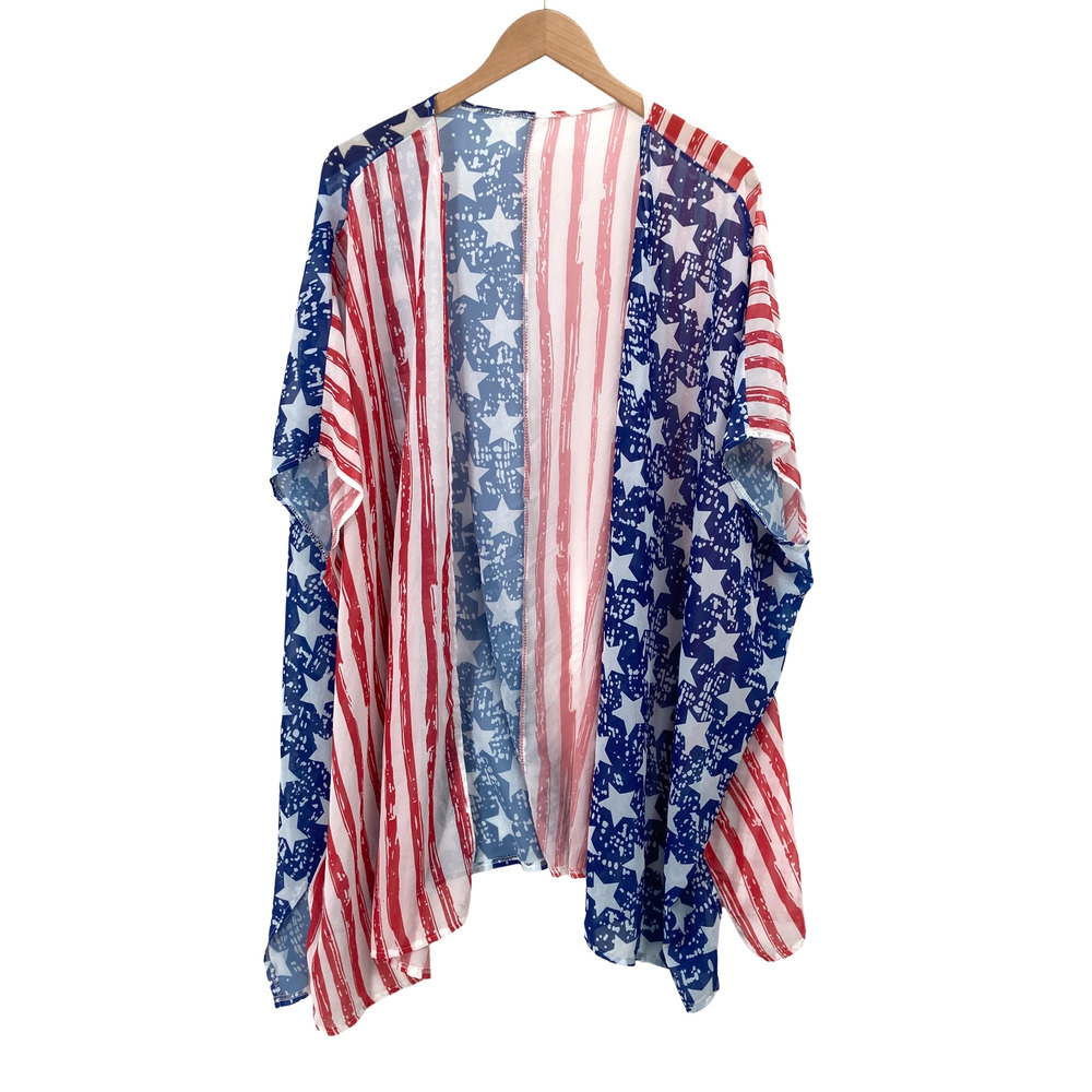 USA American Flag Kimono Cardigan Patriotic 4th of July Sheer Duster One Size